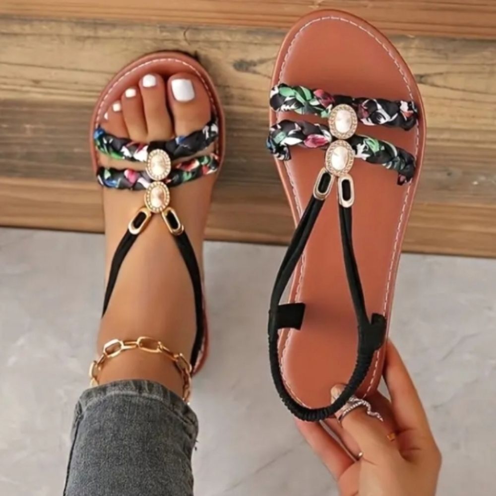 Ladies Floral Black Sandals Sz 9
